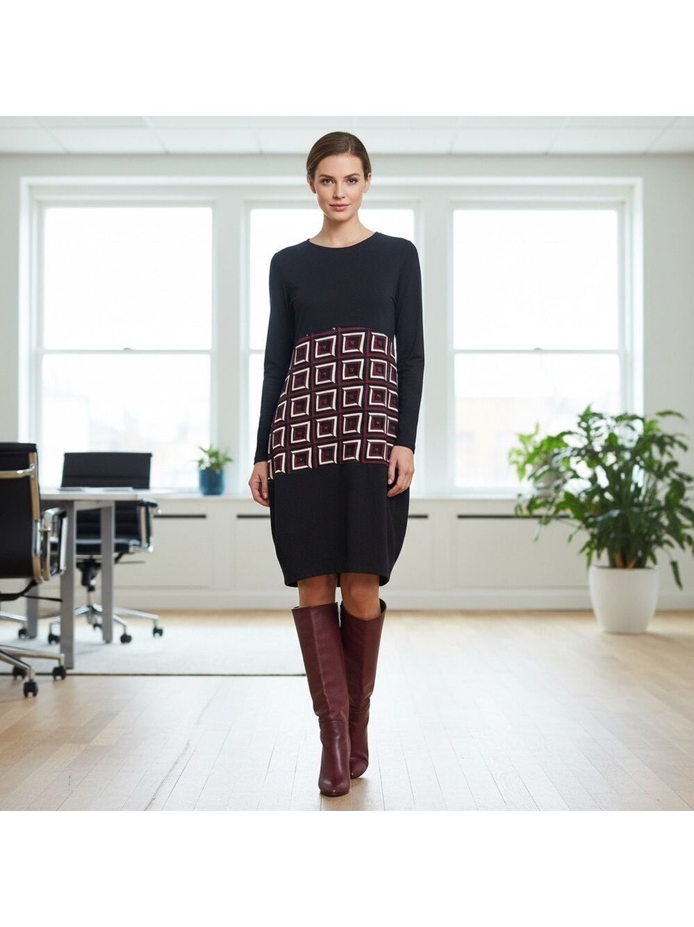 Marina Gigli Italy Geometric Color Block Long Sleeve Dress Size L Office siren
